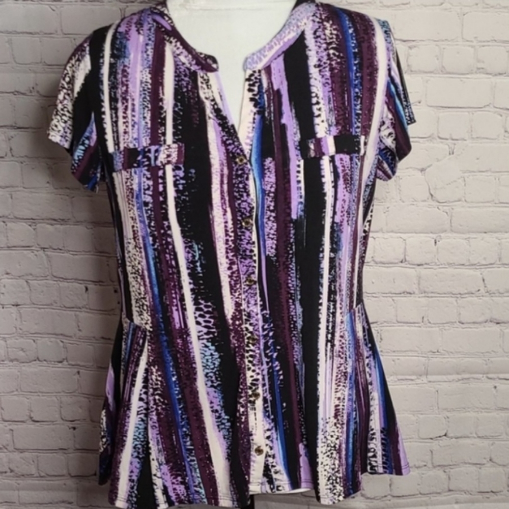 Dana Buchman Purple Blue Button Down Peplum Blouse Size Large